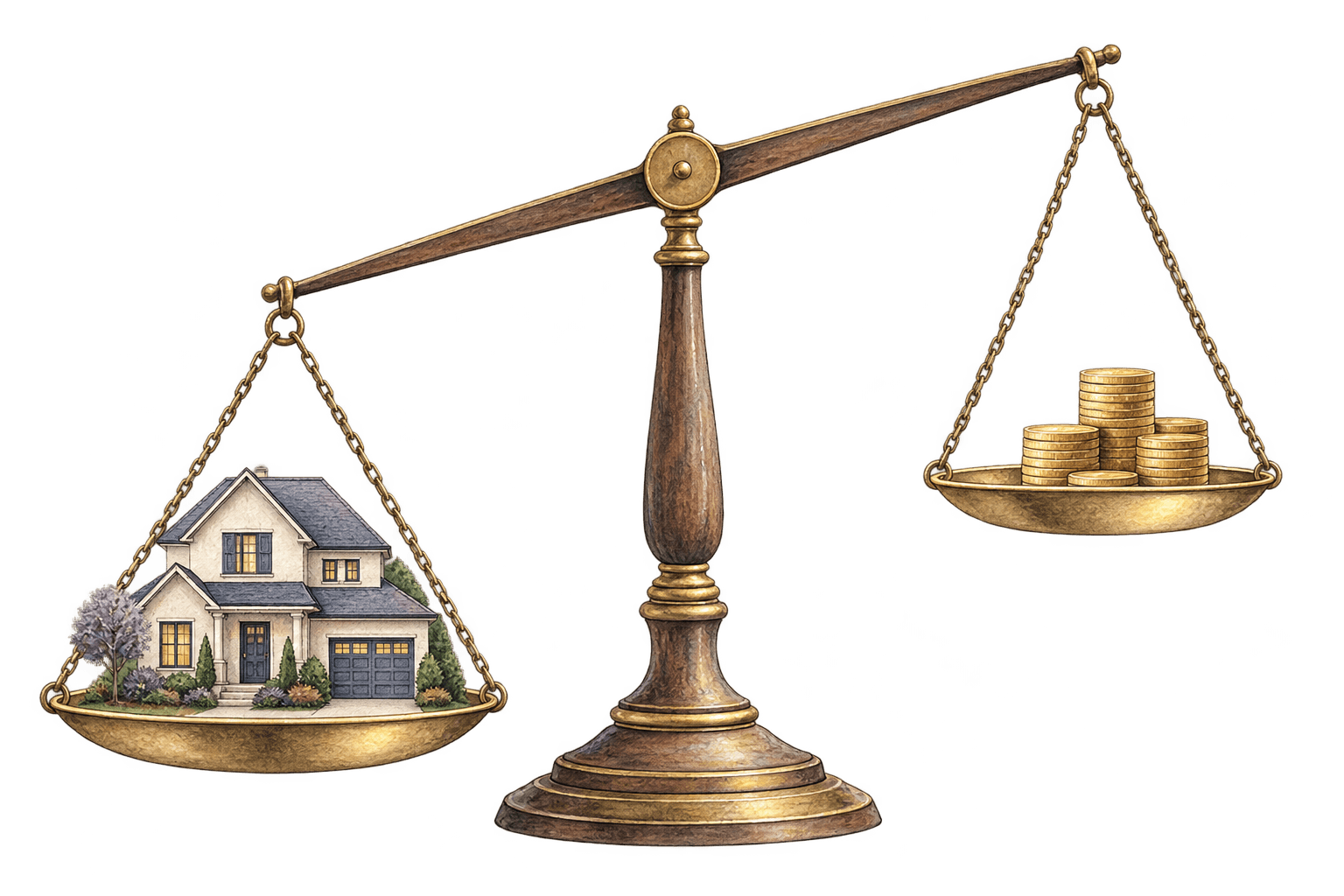 A home outweighing a stack of coins on a balance scale